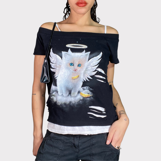 Vintage 2000's Skater Black Off Shoulder Shirt with Kitten Print (M)