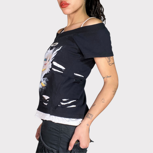 Vintage 2000's Skater Black Off Shoulder Shirt with Kitten Print (M)