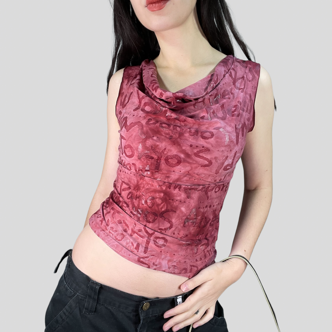 Vintage 2000's Downton Girl Dark Red Waterfall Neck Top with Writing Print (S)