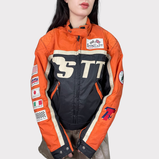 Vintage 90's Bella Hadid Black and Orange Fabric Racer Jacket (S)