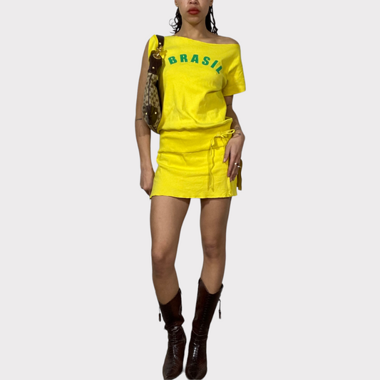 Vintage 2000's Football Core Yellow 'Brasil' Mini Dress (S/M)
