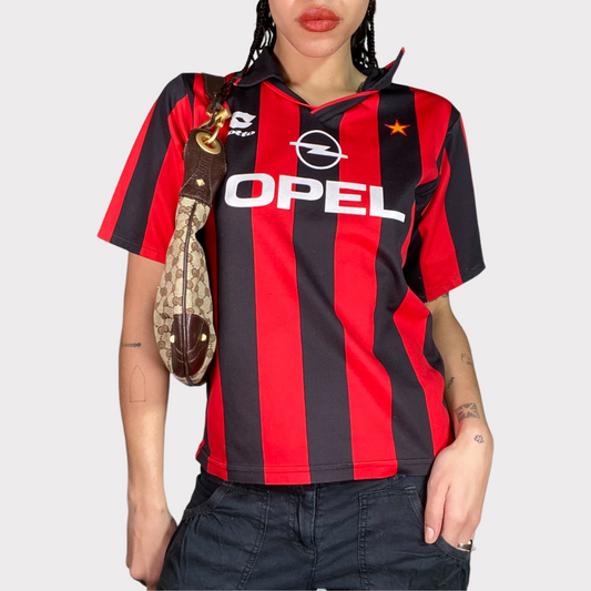 Vintage 2000's Football Core Black and Red Striped 'Opel' Tricot Shirt (S)