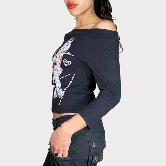 Vintage 2000's City Girl Off Shoulder Longsleeve With 'Fashion Icon' Print (S/M)