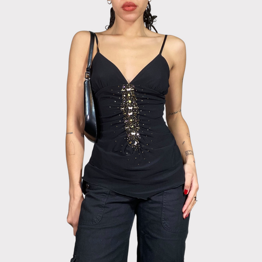 Vintage 2000's Clubwear Black Top with embroidered Butterly Detail (S)