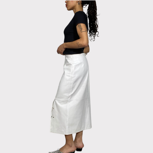 Vintage 90's Cyber White Leather Maxi Skirt with Bottom Side Slit (S)