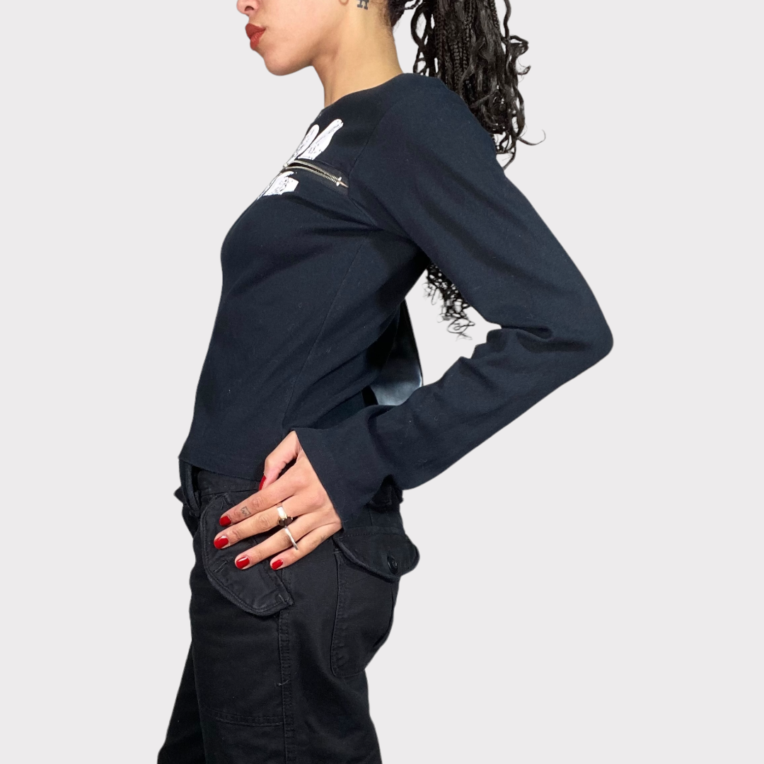 Vintage 90's Grunge Black Longsleeve with '592' Print and Zipper Detail (S)