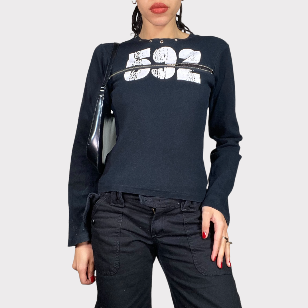 Vintage 90's Grunge Black Longsleeve with '592' Print and Zipper Detail (S)