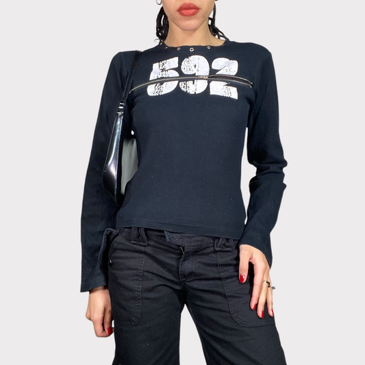 Vintage 90's Grunge Black Longsleeve with '592' Print and Zipper Detail (S)
