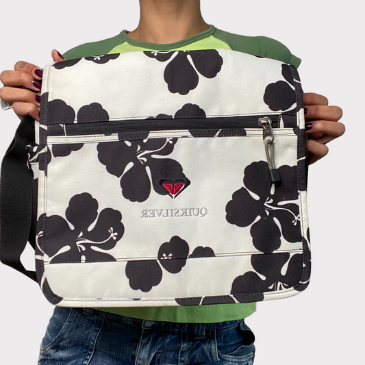 Vintage 90's Skater White Messenger Bag with Black Hibiscus Flower Print