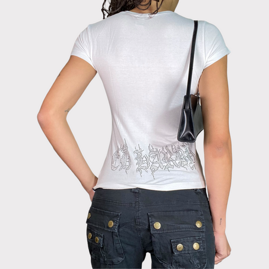Vintage 2000's Ed Hardy White Shirt with Rhinestone Rose Print (S)