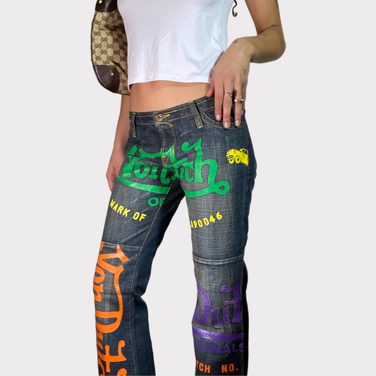 Vintage 2000's Archive VonDutch Low Waist Logo Print Jeans (S/M)