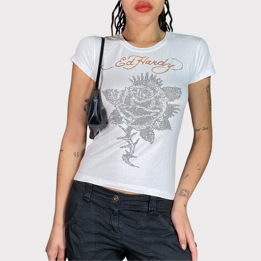 Vintage 2000's Ed Hardy White Shirt with Rhinestone Rose Print (S)