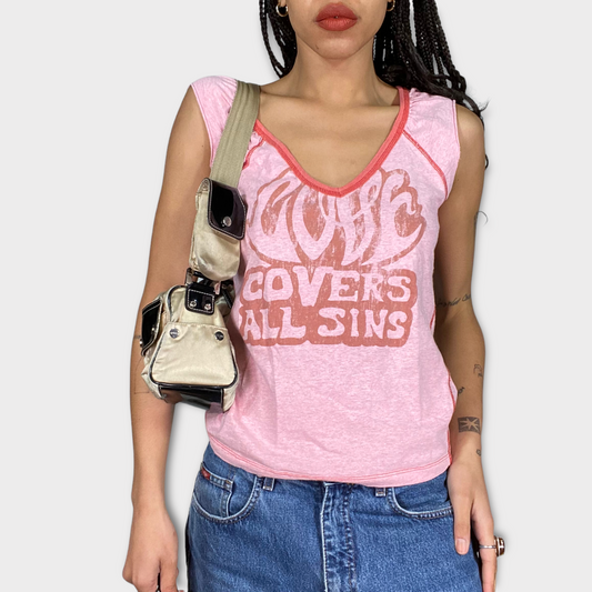 Vintage 90's Miss Sixty pink Shirt with 'Love Covers All Sins' Print (M)