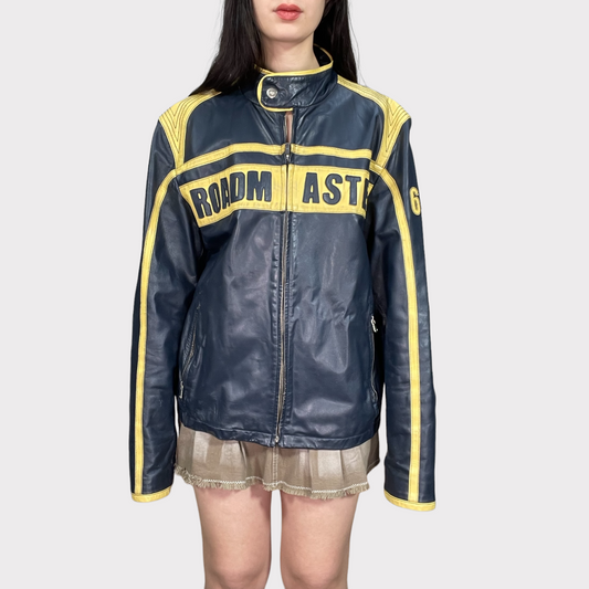 Vintage 90's Bella Hadid Navy Blue and Yellow Leather Racer Jacket (L)