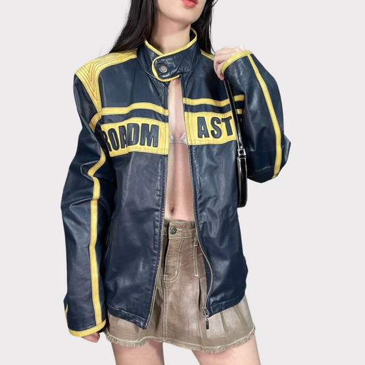 Vintage 90's Bella Hadid Navy Blue and Yellow Leather Racer Jacket (L)