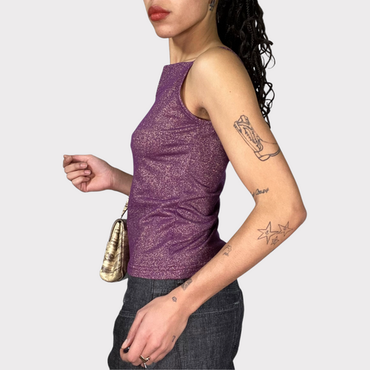 Vintage 2000's Clubwear Purple Glitter High Neck Top (M)