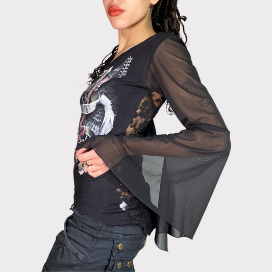 Vintage 90's Rock Black Top with Mesh Trumpet Sleeves (M)