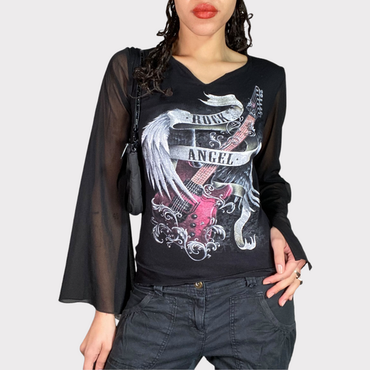 Vintage 90's Rock Black Top with Mesh Trumpet Sleeves (M)