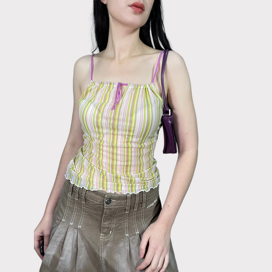 Vintage 2000's Cute Pink and Green Striped Cami Mesh Top (S)