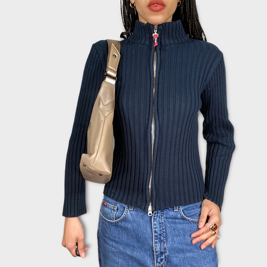 Vintage 90's Navy Blue Ribbed Zip Up Sweater (S)