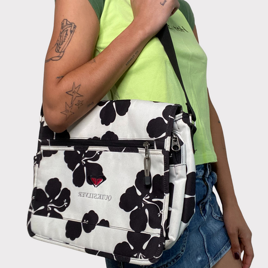 Vintage 90's Skater White Messenger Bag with Black Hibiscus Flower Print