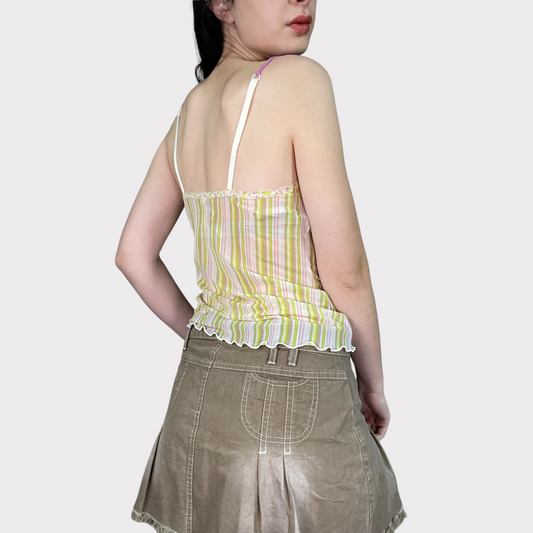 Vintage 2000's Cute Pink and Green Striped Cami Mesh Top (S)