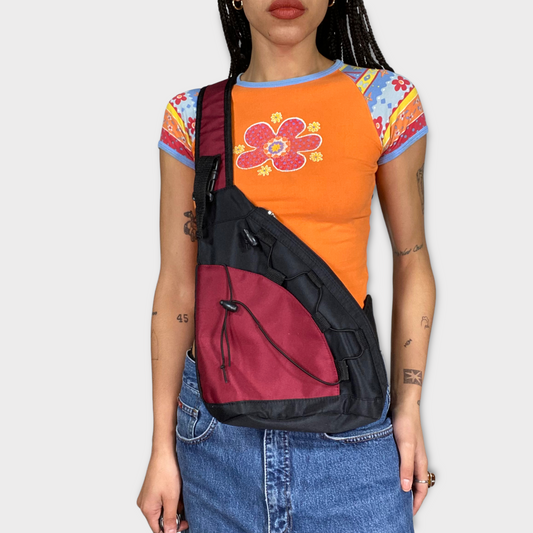 Vintage 90's Techwear Black and Red Crossbody Backpack