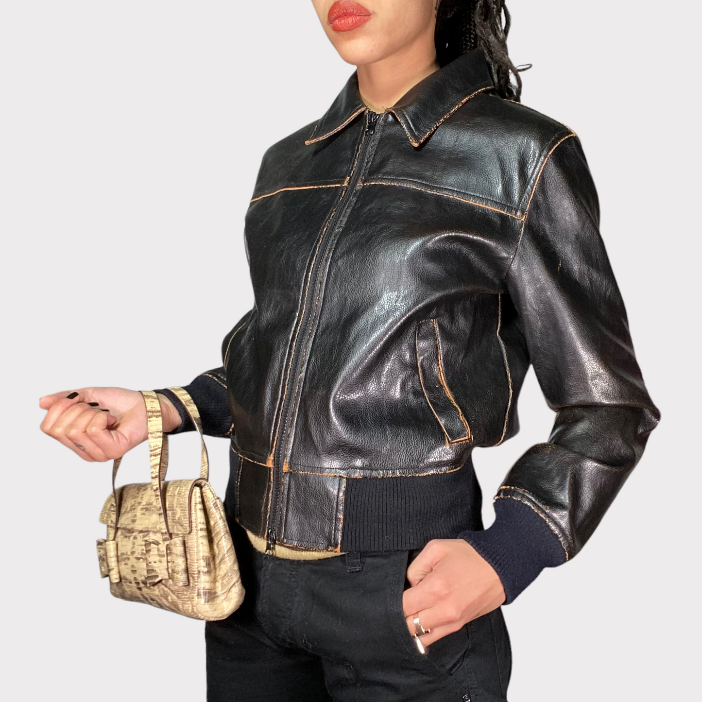 Vintage 90's Model Off Duty Black Distressed Leather Jacket (S)