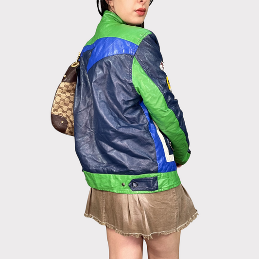 Vintage 90's Bella Hadid Blue and Green Faux Leather Racer Jacket (S/M)