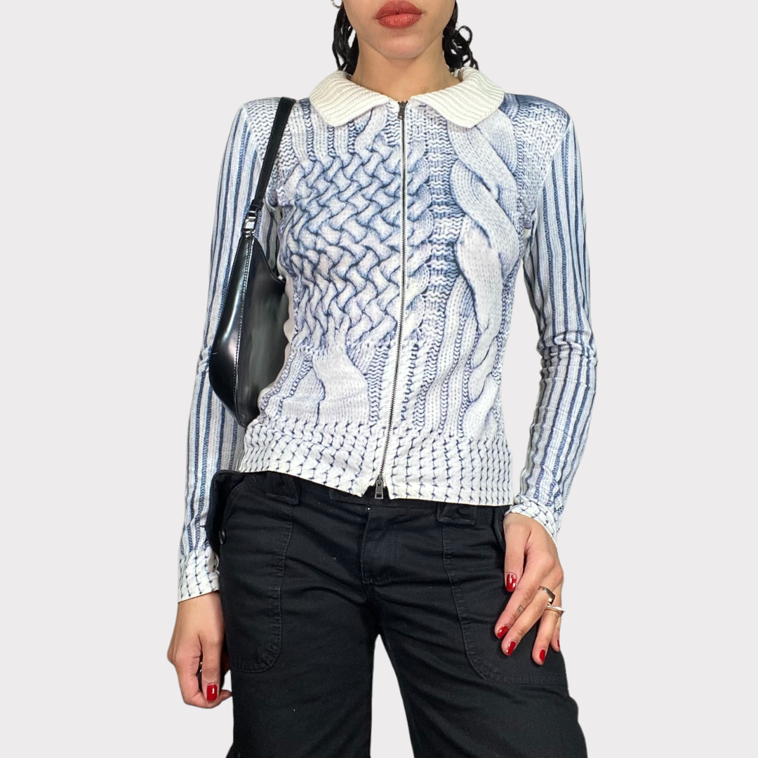 Vintage 2000's Marc Cain White Duo Zip up with Cable Knit Print(S)