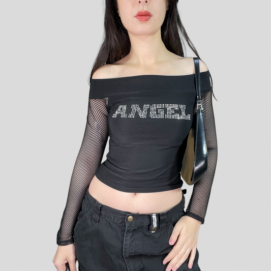 Vintage 2000's Grunge Black Off Shoulder Top with Net Sleeves (S)