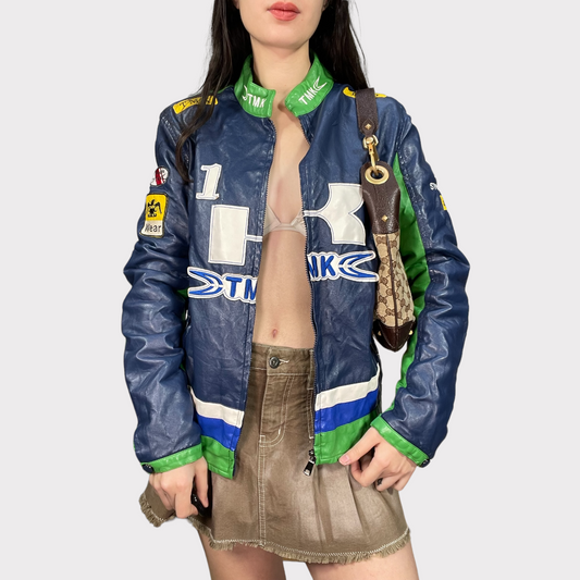 Vintage 90's Bella Hadid Blue and Green Faux Leather Racer Jacket (S/M)