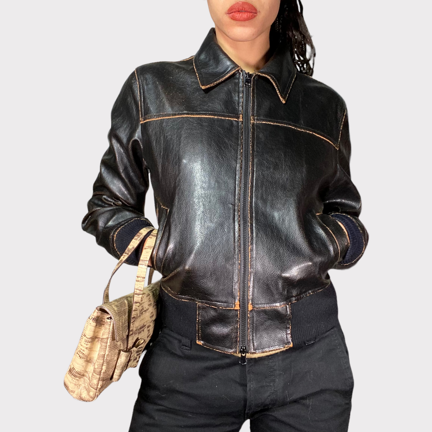 Vintage 90's Model Off Duty Black Distressed Leather Jacket (S)