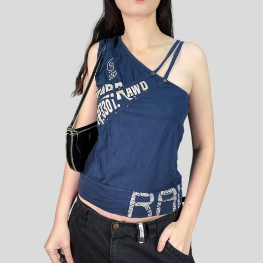 Vintage 90's Grunge Navy Blue One Shoulder Top with Stud Details (M)