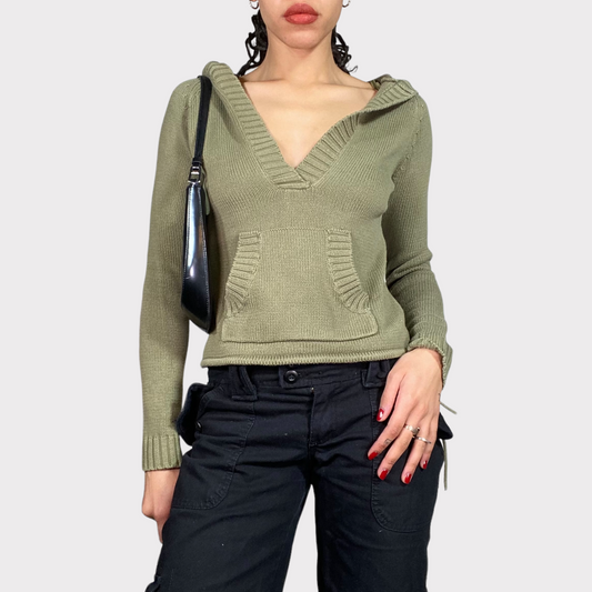 Vintage 90's Fairy Khaki Green Knit V-Neck Hoodie (S)