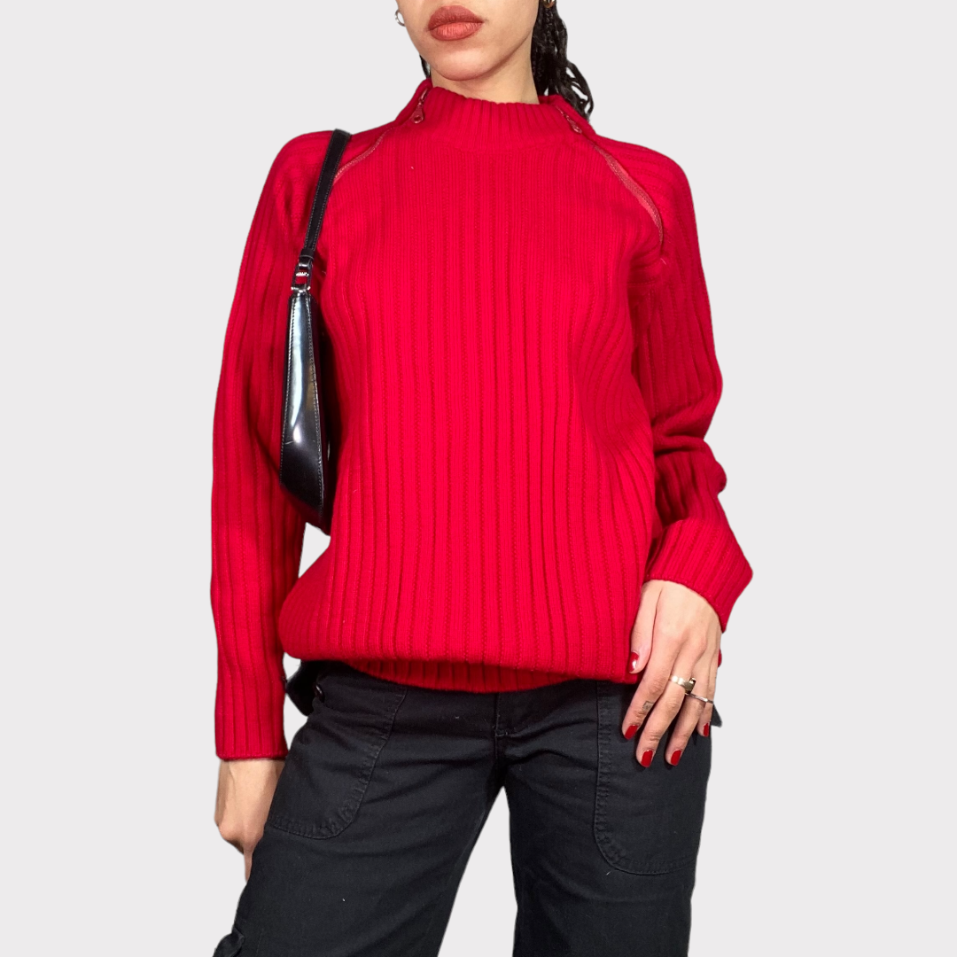 Vintage 90's Funky Red Ribbed Knit Dual Zip Sweater (L)