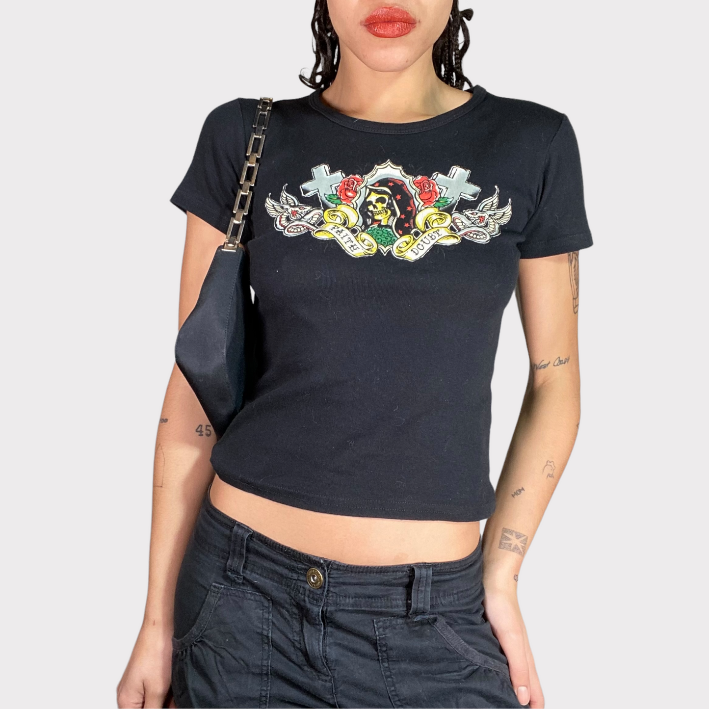 Vintage 2000's Rock Black Shirt with EdHardy-Style Print (S)