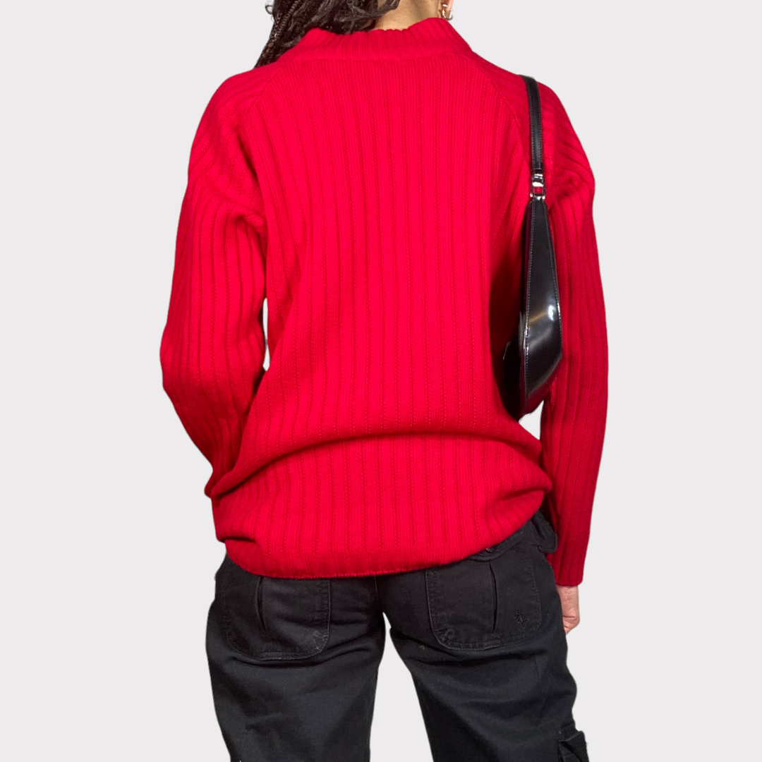 Vintage 90's Funky Red Ribbed Knit Dual Zip Sweater (L)