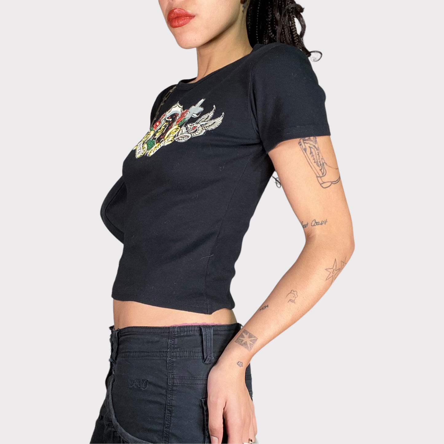 Vintage 2000's Rock Black Shirt with EdHardy-Style Print (S)