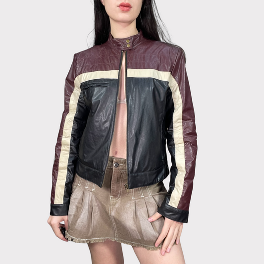 Vintage 90's Bella Hadid Black and Dark Red Faux Leather Racer Jacket (S)