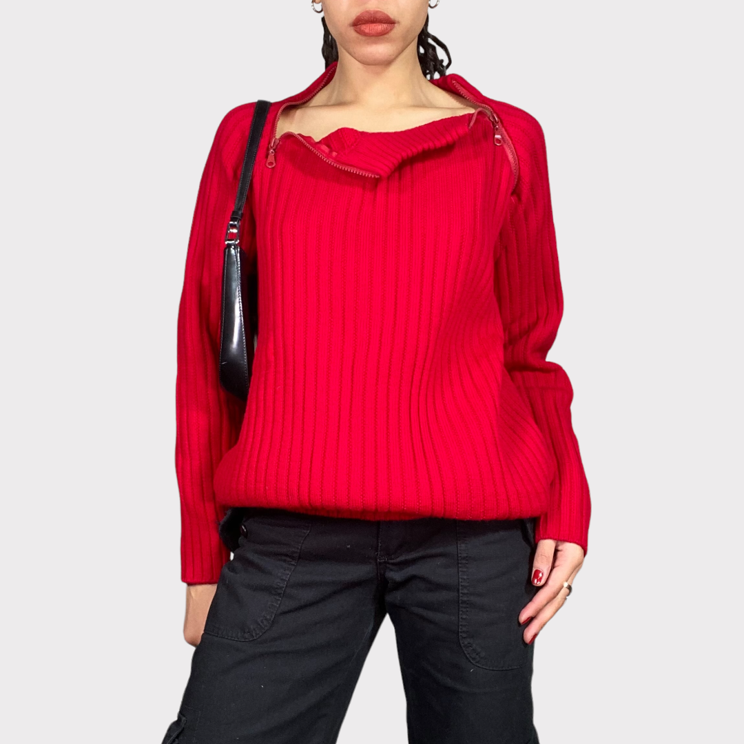 Vintage 90's Funky Red Ribbed Knit Dual Zip Sweater (L)