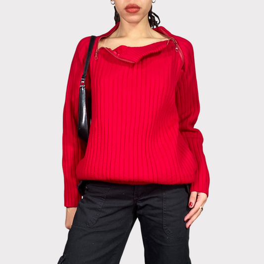 Vintage 90's Funky Red Ribbed Knit Dual Zip Sweater (L)