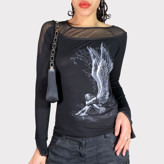 Vintage 2000's Goth Black Longsleeve with Angel Print (M)