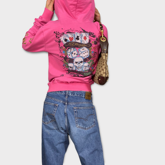 Vintage 90's Archive Ed Hardy Pink Zip Up Hoodie with Skull Prints (M/L)