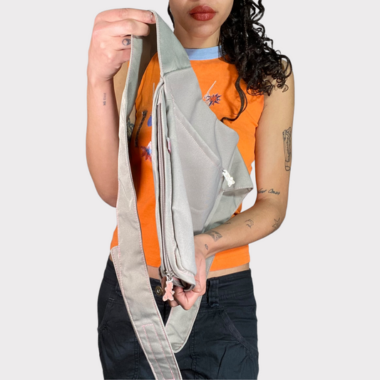 Vintage 2000's Techwear Light Grey Messenger Bag with Butterfly Detail