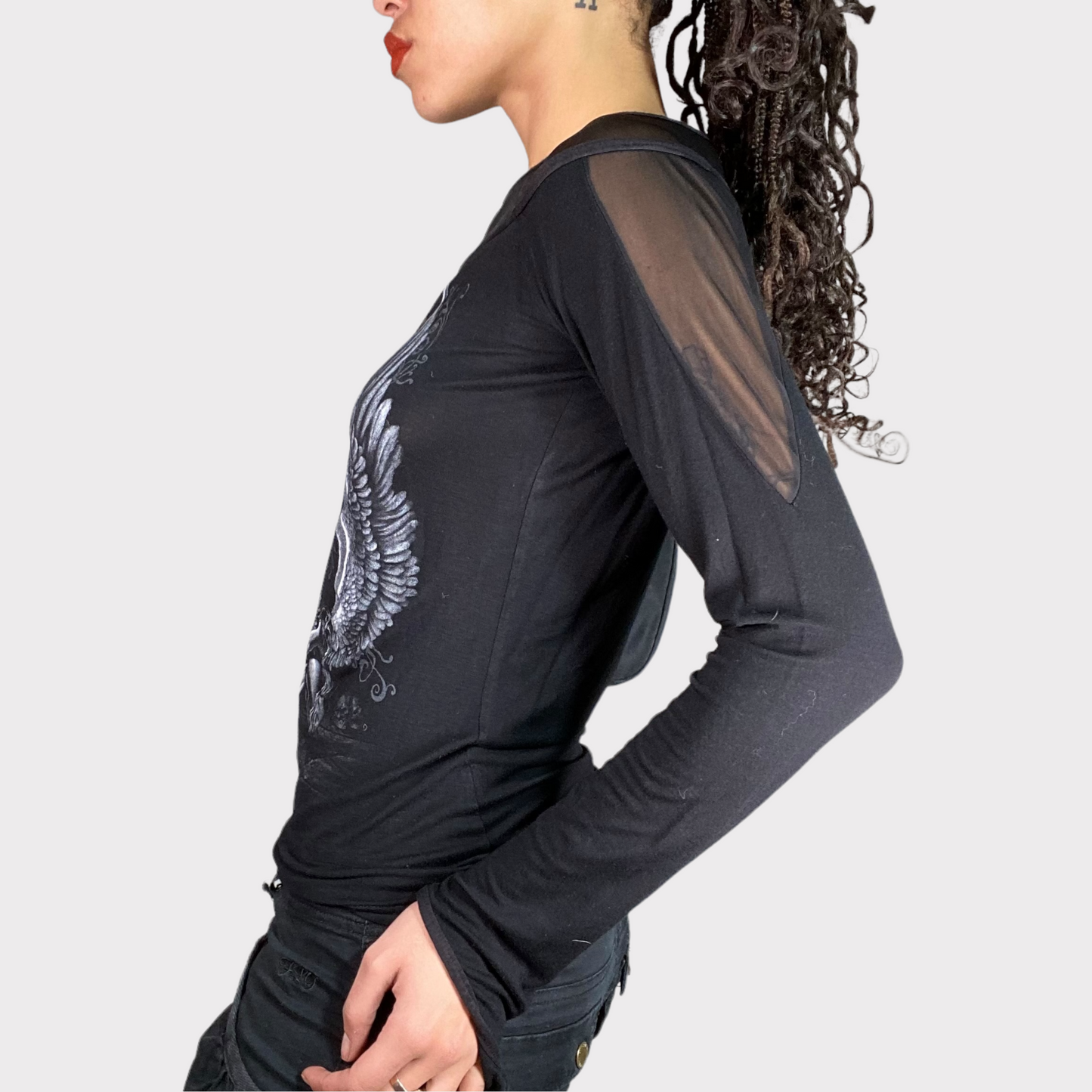 Vintage 2000's Goth Black Longsleeve with Angel Print (M)