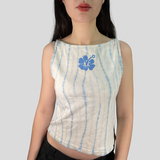 Vintage 90's Summer White Tie Dye Top with Hibiscus Flower Print (M)