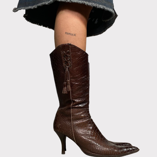 Vintage 2000's Brown Snake Leather Cowboy Stiletto Boots (40)