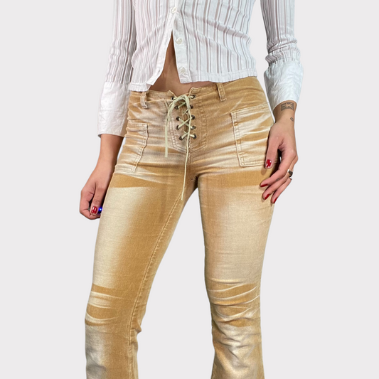 Vintage 90's Funky Beige Flared Jeans with Lace Up Detail (S)