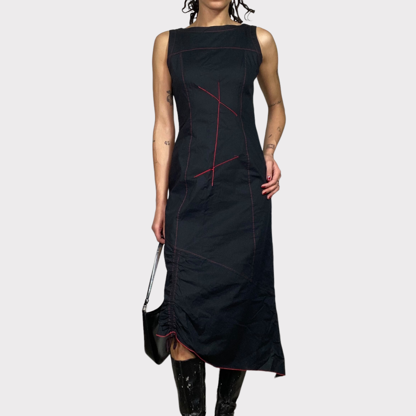 Vintage 90's Cyber Black Midi Dress with Red Contrast Stitching (S)